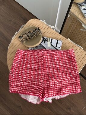 High-Waist Red Check Smocked Women’s Shorts